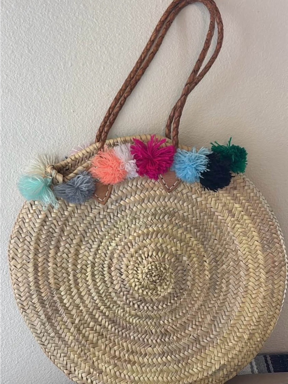 ban.do Multicolor Pom-Pom Round Straw Tote